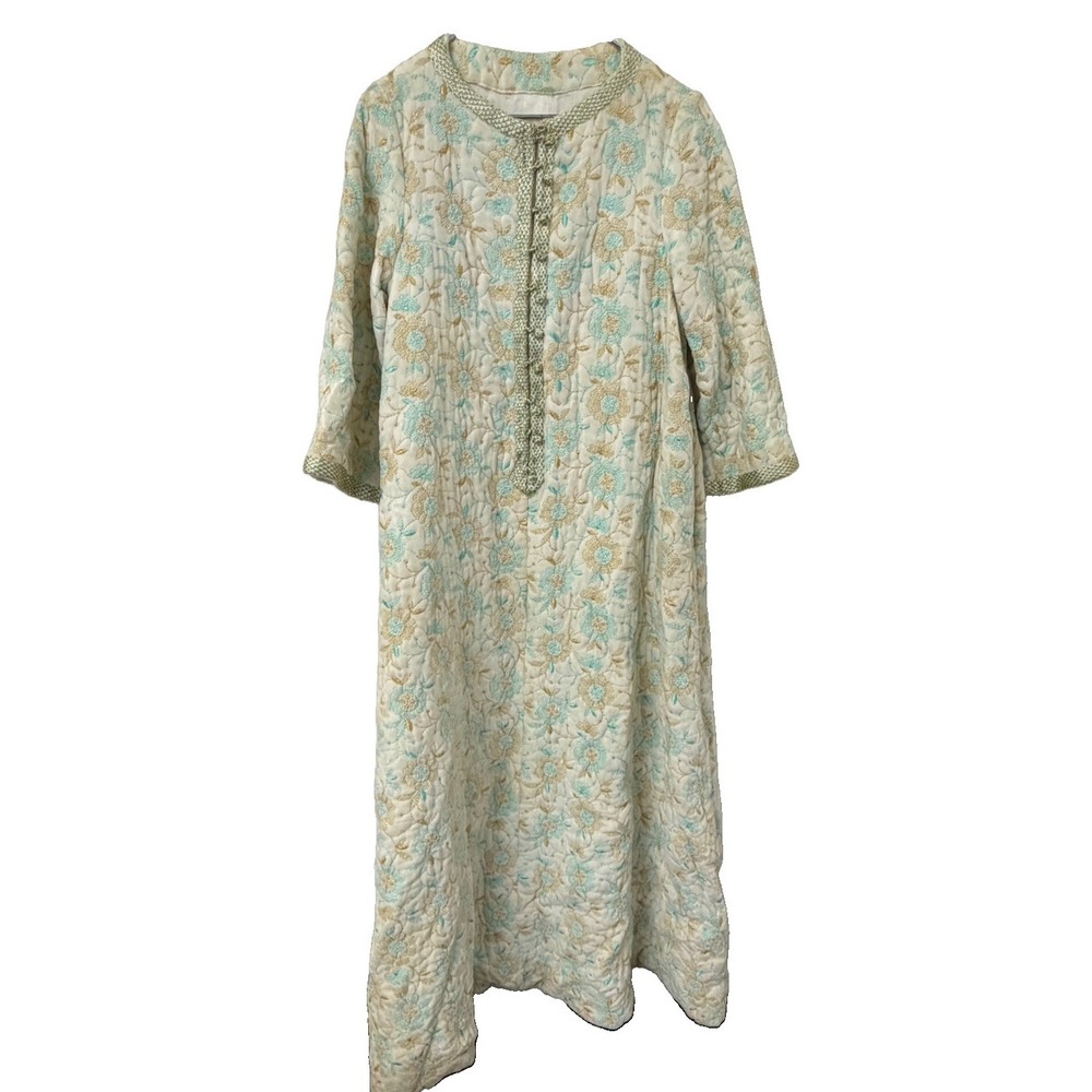 Vintage Housecoat Robe Zip Retro 60s Quilted Warm Long Gold Blue‎ Loungewear